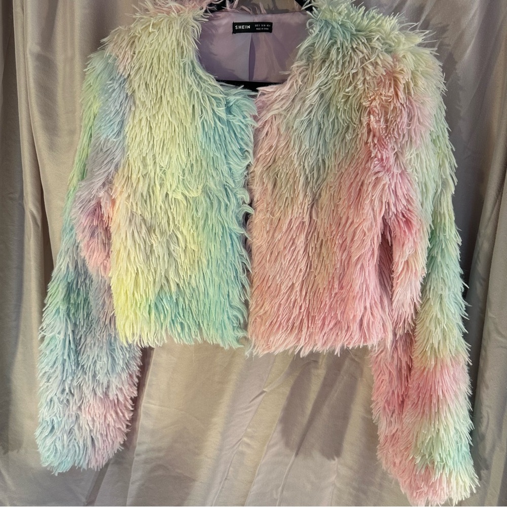 Colorful Faux Fur Jacket in Cotton Candy by SHEIN. Size S